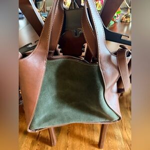 J.McLaughlin Brown Leather Brielle Green Suede Tote. Hand & shoulder strap.EUC